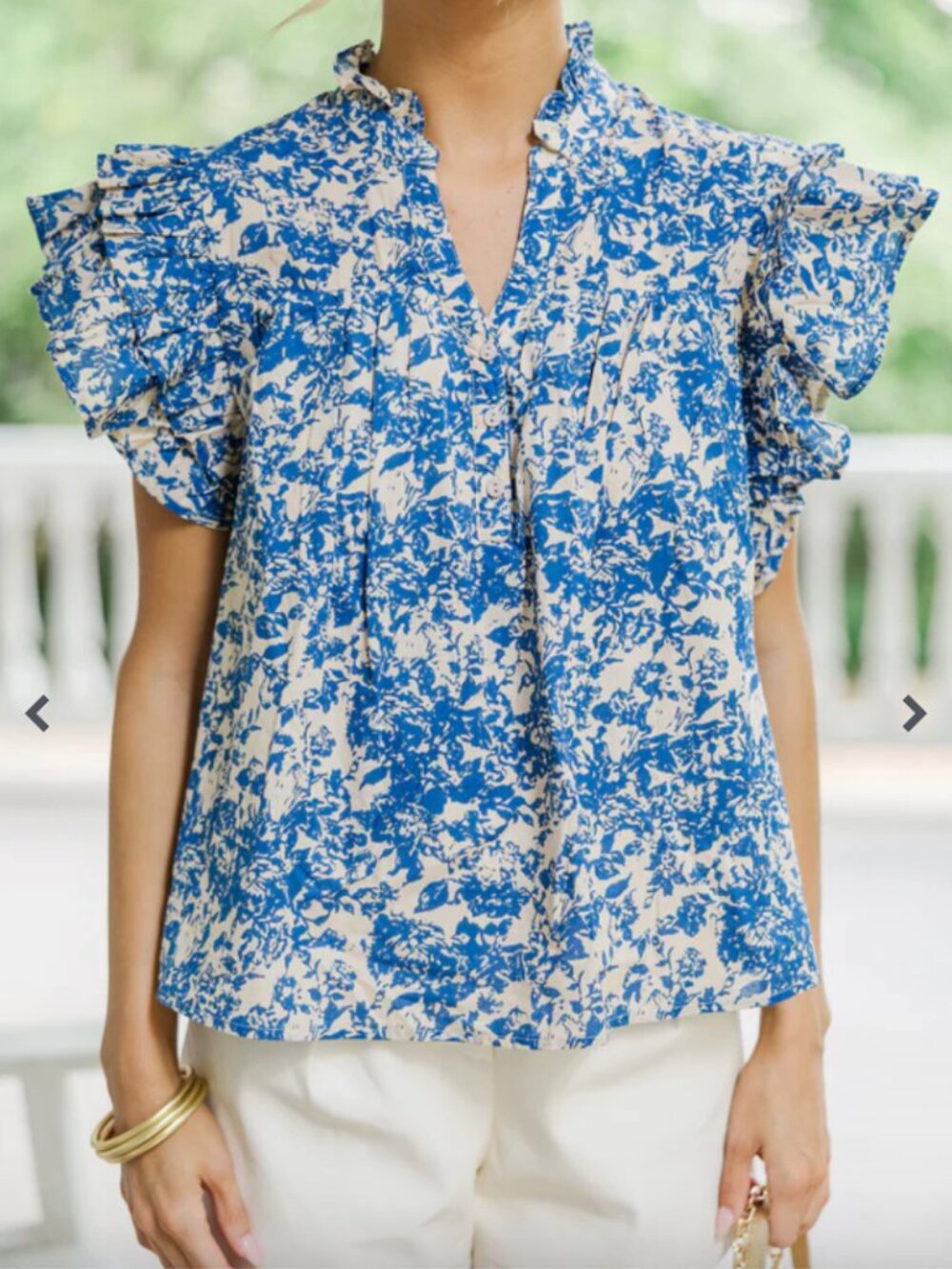 Blue and White Floral Ruffle Sleeve Blouse
